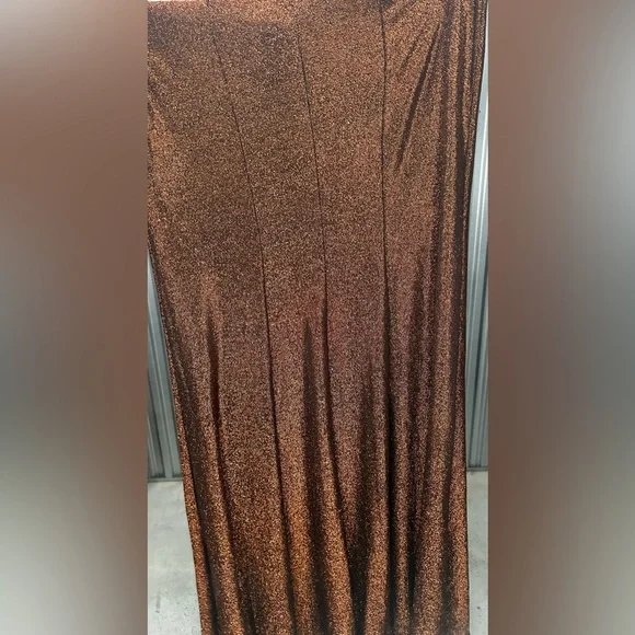 Women’s Jules & Cleo Design Nylon Metallic Spandex Orange Formal Maxi Slit Dress - Picture 6 of 9